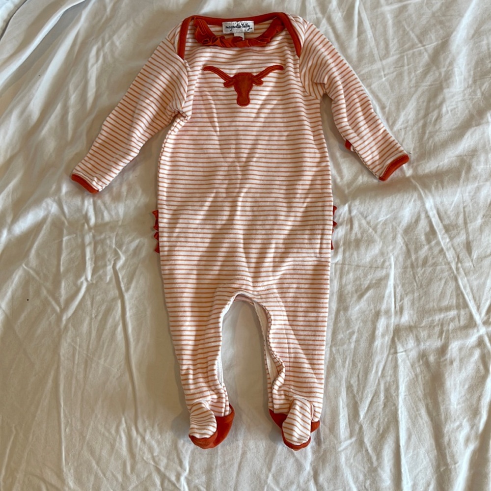Magnolia Baby girl University of Texas embroidered ruffle footie pajamas newborn